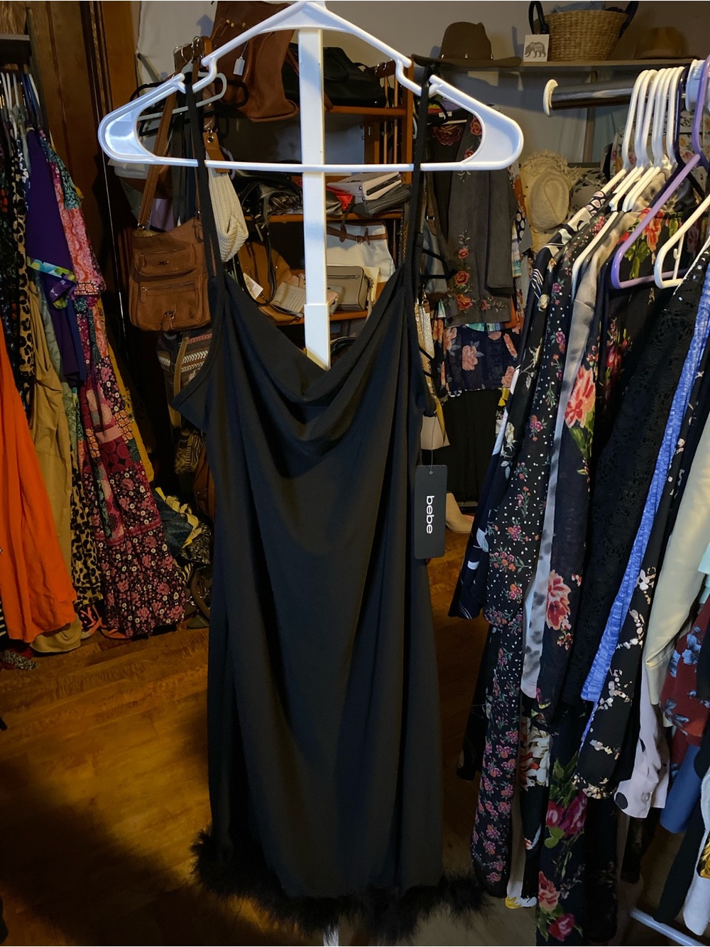 bebe Black Sleeveless Cowl-Neck Mini Dress with Feather Trim
